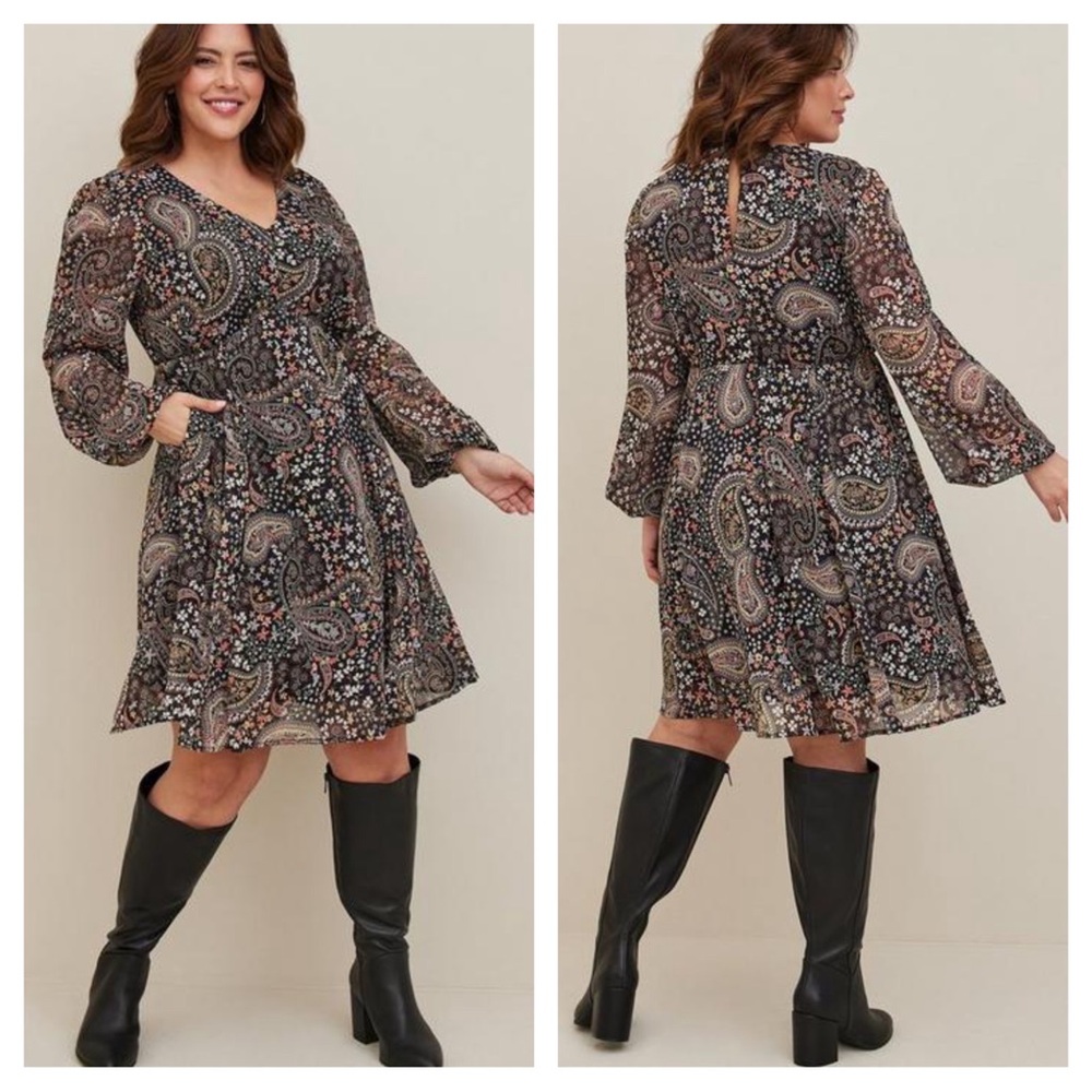 Torrid Black & Multicolor Paisley Chiffon Long Sleeve Babydoll Dress Size 1X